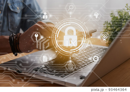 Casual Businessman Hand Touching Mobile Phone Screen and Hexagon Lock Security Sign 93464364