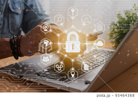 Casual Businessman Hand Touching Mobile Phone Screen and Hexagonal Lock Security Sign 93464368