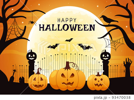 Happy Halloween Template Background Hand Drawn Cartoon Flat Illustration with Pumpkins, Bats and Dark Castle on Full Moon For Add Your Design Style Happy Halloween Template Background Hand Drawn Cartoon Flat Illustration with Pumpkins, Bats and Dark Castle on Full Moon For Add Your Design Style 93470038