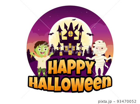 Happy Halloween Template Background Hand Drawn Cartoon Flat Illustration with Children Wearing Various Costumes, Haunted House, Pumpkins, Bats and Full Moon Happy Halloween Template Background Hand Drawn Cartoon Flat Illustration with Children Wearing Various Costumes, Haunted House, Pumpkins, Bats and Full Moon 93470052