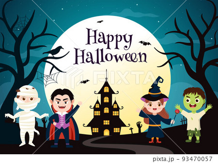 Happy Halloween Template Background Hand Drawn Cartoon Flat Illustration with Children Wearing Various Costumes, Haunted House, Pumpkins, Bats and Full Moon Happy Halloween Template Background Hand Drawn Cartoon Flat Illustration with Children Wearing Various Costumes, Haunted House, Pumpkins, Bats and Full Moon 93470057