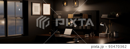 Modern stylish dark office workspace at night with laptop mockup on black table, black wall. 93470362