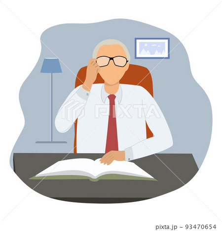 Business man entrepreneur in a suit working on a laptop computer at his clean and sleek office desk. Flat style color modern vector illustration. Business man entrepreneur in a suit working on a laptop computer at his clean and sleek office desk. Flat style color modern vector illustration. 93470654