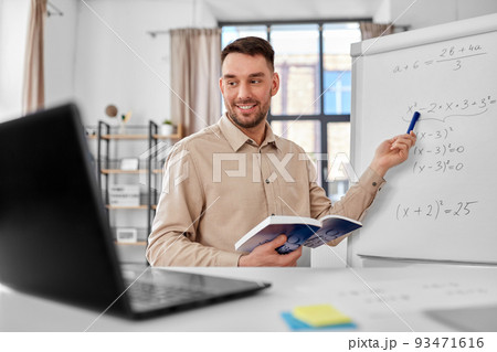 math teacher with laptop has online class at home math teacher with laptop has online class at home 93471616