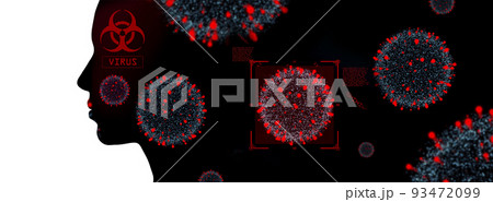 human silhouette with coronavirus cells on black human silhouette with coronavirus cells on black 93472099