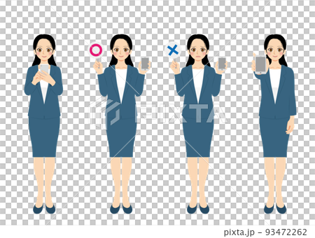 Working woman illustration set full body dark blue suit black hair smartphone 93472262