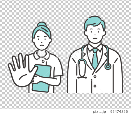 若い男性医師と女性看護師　相手を制止するポーズ 93474836