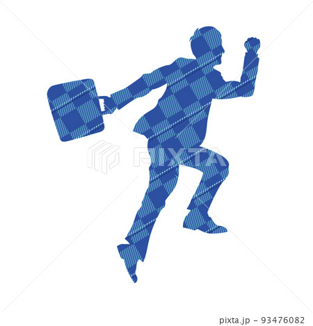 駆け上がるサラリーマンのシルエット　チェック柄 93476082