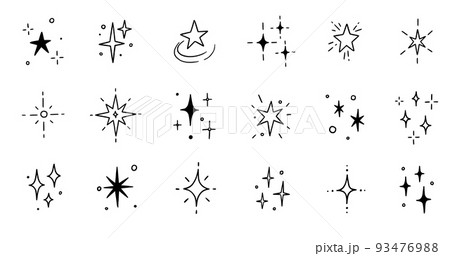 Line star glitter shine of doodle set. Star shine glow, spark glitter, sparkle light. Hand drawn sketch doodle style. 93476988