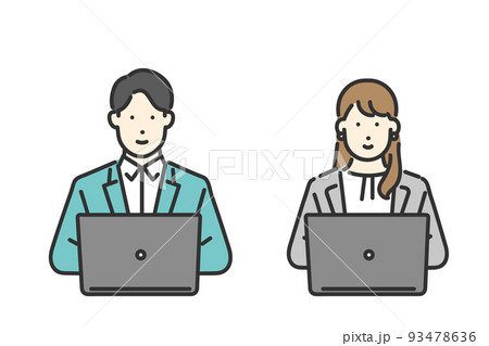 パソコンで仕事をする男女のビジネスパーソンのイメージイラスト素材 93478636