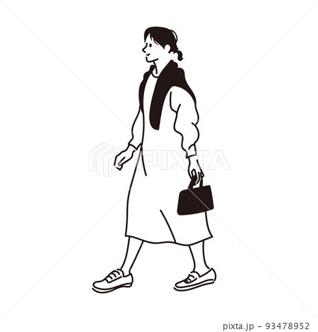 ワンピースを着て歩く女性の線画 ワンピースを着て歩く女性の線画 93478952