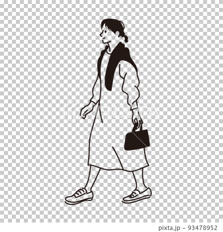 ワンピースを着て歩く女性の線画 ワンピースを着て歩く女性の線画 93478952