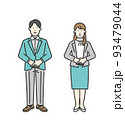 手を合わせて会釈をするスーツ姿の男女のビジネスパーソンのイメージイラスト素材 93479044