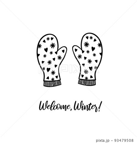 Hello winter! Card with text lettering and illustration of mittens. Seasonal design for cards, poster, advertisement. Hello winter! Card with text lettering and illustration of mittens. Seasonal design for cards, poster, advertisement. 93479508