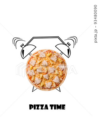 Pizza and alarm clock hand drawn illustration isolated on white background. The inscription Pizza time. Pizza and alarm clock hand drawn illustration isolated on white background. The inscription Pizza time. 93480090