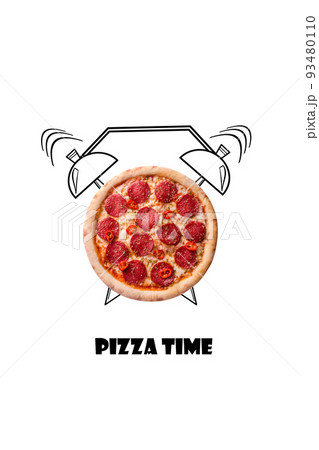 Pizza and alarm clock hand drawn illustration isolated on white background. The inscription Pizza time. Pizza and alarm clock hand drawn illustration isolated on white background. The inscription Pizza time. 93480110