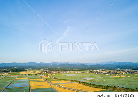 黄金色に輝き収穫期を迎えた麦畑と田畑が広がる金沢平野のドローン撮影写真|石川県能美市 黄金色に輝き収穫期を迎えた麦畑と田畑が広がる金沢平野のドローン撮影写真|石川県能美市 93480138
