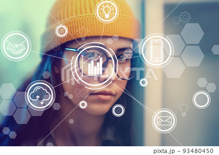 Stock trading, cloud storage and business. Portrait of a young businesswoman wearing eyeglasses looking at virtual display. Double exposure. The concept of analytics, cryptocurrency and nft Stock trading, cloud storage and business. Portrait of a young businesswoman wearing eyeglasses looking at virtual display. Double exposure. The concept of analytics, cryptocurrency and nft 93480450