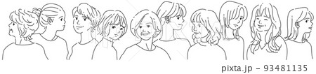 年代が違う女性10人並ぶ2｜背景透過の線画 93481135