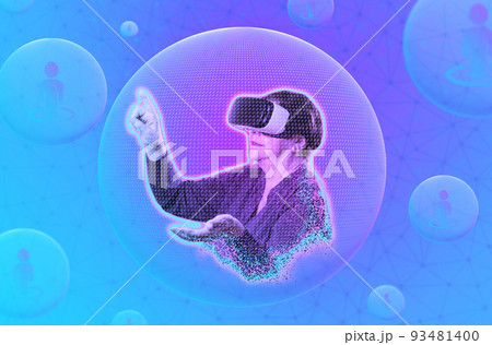 Metaverse. Senior woman pensioner in VR glasses touching digital sphere. Modern futuristic technology. Copy space. Concept of retiree, virtual reality and cyberspace 93481400