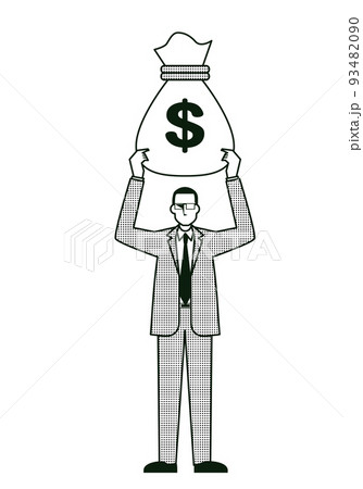 ドルの金袋を持つ男性ビジネスマンのイラスト8等身 金融イメージ 線画モノクロのイラスト素材