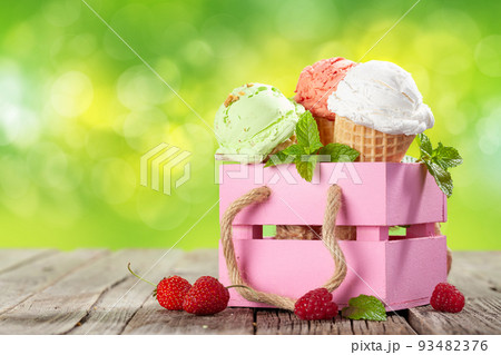Various ice cream in waffle cones Various ice cream in waffle cones 93482376