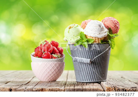 Various ice cream in waffle cones Various ice cream in waffle cones 93482377
