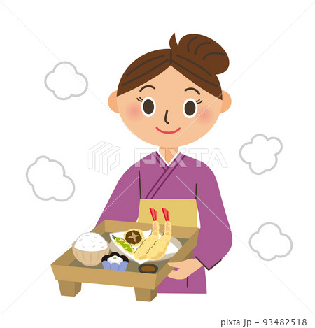 料理をお客さん運ぶ女将 93482518