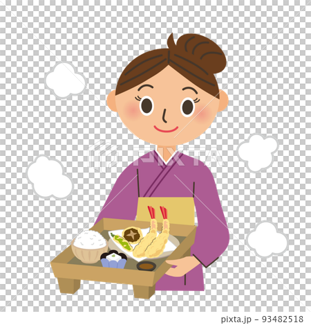 料理をお客さん運ぶ女将 93482518