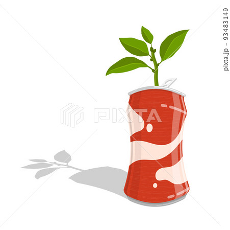 Young plant sprout with leaves sprouts from old used aluminum can. Recycling of raw materials. Concept of caring for environment. Vector 93483149