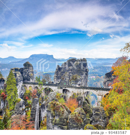Fabulous autumn landscape in Saxon Switzerland National Park and Bastei bridge. Fabulous autumn landscape in Saxon Switzerland National Park and Bastei bridge. 93483587