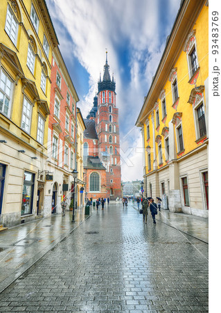 Astonishing cityscape of Krakow with St. Mary's Basilica on Main Square. 93483769