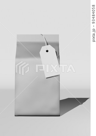 Silver standing box bottom pouch bag branding price tag card 3D rendering. Merchandise foil coffee bean packaging design Silver standing box bottom pouch bag branding price tag card 3D rendering. Merchandise foil coffee bean packaging design 93484058