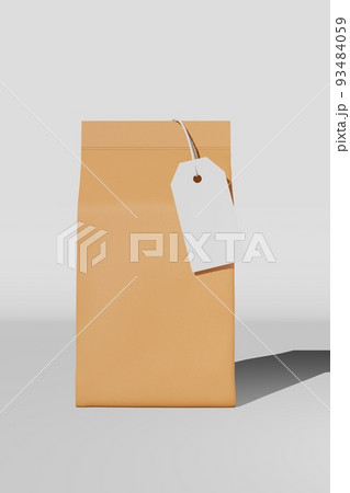 Brown standing box bottom pouch bag branding price tag card 3D rendering. Merchandise paper coffee bean packaging design Brown standing box bottom pouch bag branding price tag card 3D rendering. Merchandise paper coffee bean packaging design 93484059