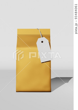 Golden standing box bottom pouch bag branding price tag card 3D rendering. Merchandise foil coffee bean packaging design 93484061