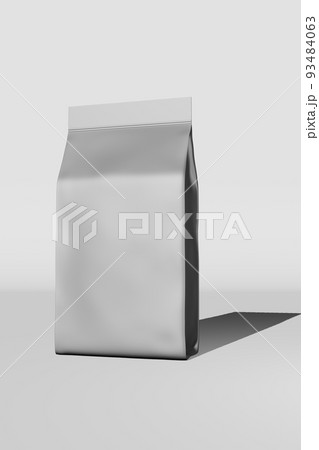 Silver standing box bottom pouch bag branding price tag card 3D rendering. Merchandise foil coffee bean packaging design Silver standing box bottom pouch bag branding price tag card 3D rendering. Merchandise foil coffee bean packaging design 93484063