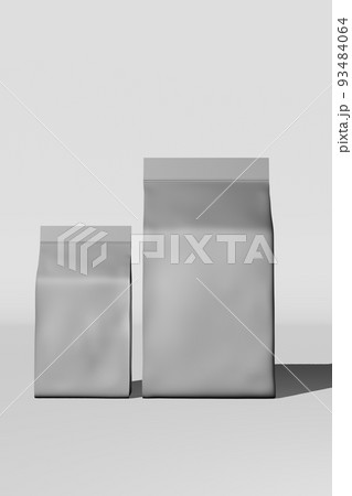 Silver standing box bottom pouch bag branding price tag card 3D rendering. Merchandise foil coffee bean packaging design Silver standing box bottom pouch bag branding price tag card 3D rendering. Merchandise foil coffee bean packaging design 93484064