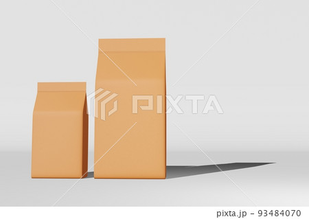 Brown standing box bottom pouch bag coffee branding 3D rendering. Merchandise packaging design. Shop sale demonstration. 93484070