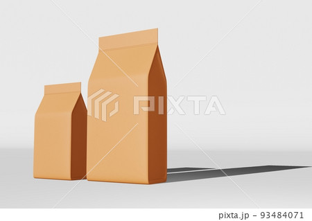 Brown standing box bottom pouch bag coffee branding 3D rendering. Merchandise packaging design. Shop sale demonstration. 93484071