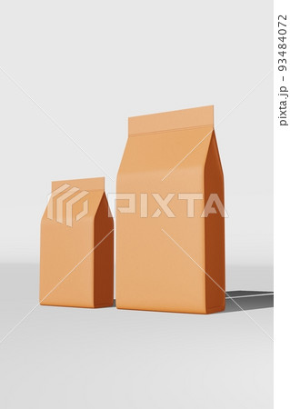 Brown standing box bottom pouch bag coffee branding 3D rendering. Merchandise packaging design. Shop sale demonstration. Brown standing box bottom pouch bag coffee branding 3D rendering. Merchandise packaging design. Shop sale demonstration. 93484072