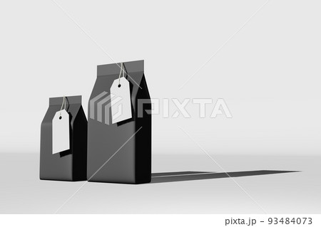 Black standing box bottom pouch bag coffee branding 3D rendering. Merchandise packaging design. Shop sale demonstration. 93484073