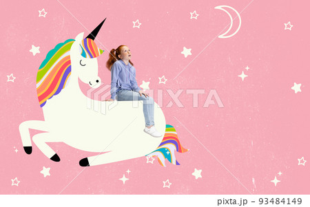 At dream. Creative artwork. Little girl sitting on drawn unicorn and dreaming. Concept of emotions, ideas, imagination, international children's day. 93484149