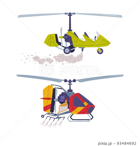 Agricultural rotorcraft airplanes. Helicopters spraying pesticides and fertilizers, side view flat vector illustration Agricultural rotorcraft airplanes. Helicopters spraying pesticides and fertilizers, side view flat vector illustration 93484692