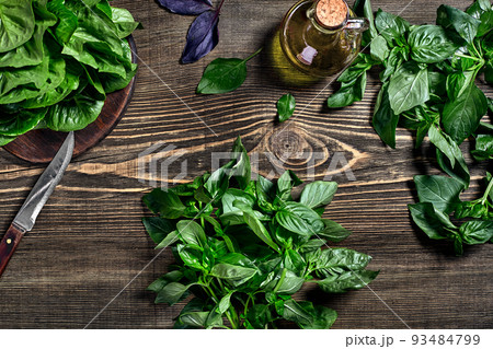 Green fresh basil on wooden background. Top view Green fresh basil on wooden background. Top view 93484799