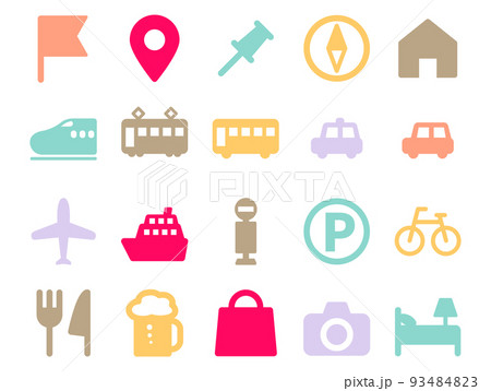 旅行交通ガイドマップ関連アイコンのセット_カラー 93484823