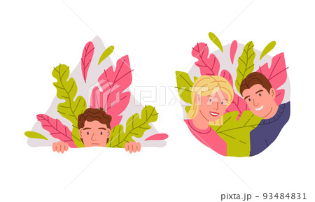 People hiding in bushes. Cheerful man and woman peeping or spying from vegetation cartoon vector illustration People hiding in bushes. Cheerful man and woman peeping or spying from vegetation cartoon vector illustration 93484831