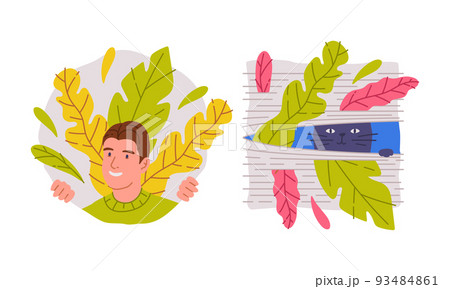 Smiling young man peeking of bushes. Cat looking through blinds cartoon vector illustration Smiling young man peeking of bushes. Cat looking through blinds cartoon vector illustration 93484861