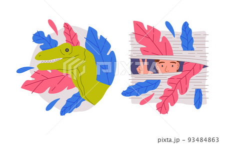 Dinosaur hiding in bushes. Woman looking through blinds cartoon vector illustration Dinosaur hiding in bushes. Woman looking through blinds cartoon vector illustration 93484863