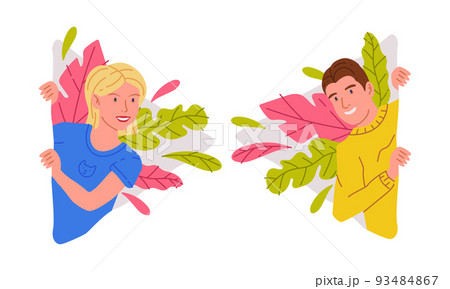 Cheerful man and woman peeking out behind wall set. People peeping or spying from bushes cartoon vector illustration Cheerful man and woman peeking out behind wall set. People peeping or spying from bushes cartoon vector illustration 93484867