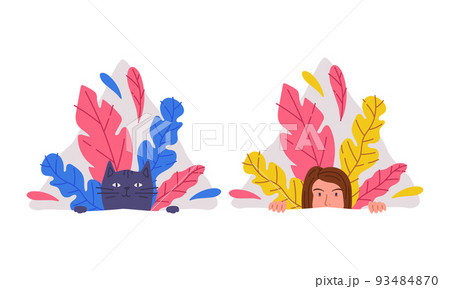 Curious cat and girl peeking out behind wall and bushes set. Girl and pet animal peeping or spying from vegetation cartoon vector illustration Curious cat and girl peeking out behind wall and bushes set. Girl and pet animal peeping or spying from vegetation cartoon vector illustration 93484870
